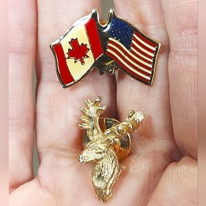 Pair of Canadian Bull Elk & Canada/USA Friendship Flags Lapel Pins